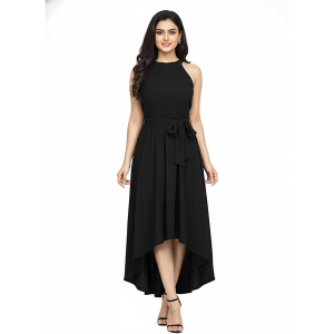 Women Fit & Flare High Low Midi Dress | Sleeveless Round Neck One Piece Dress with Waist Tie Detail