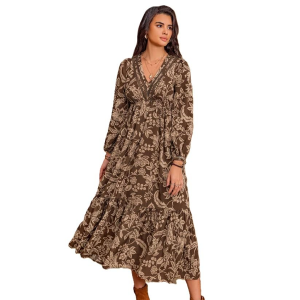 Dress for Women ||Bohemian Brown Print Casual Comfortable Women's Long Sleeve Maxi Dress