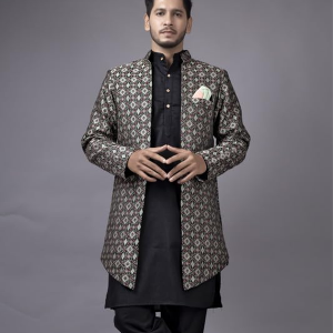 Men's Woven Printed Cotton Jacuqard Kurta Pajama Jacket
