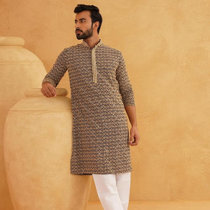 Men's Cotton Gold Embroidered Sequinned Kurta With white churidar Pyjama