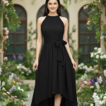 Women Fit & Flare High Low Midi Dress | Sleeveless Round Neck One Piece Dress with Waist Tie Detail