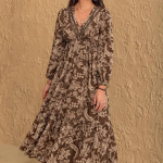 Dress for Women ||Bohemian Brown Print Casual Comfortable Women's Long Sleeve Maxi Dress