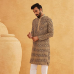 Men's Cotton Gold Embroidered Sequinned Kurta With white churidar Pyjama