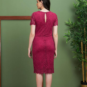 Women White Self Design Bodycon Lace Knee-Length