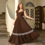 Women's Long Maxi Gown with Shoulder Ribbon Tie-Up Dress, Stylish & Trendy