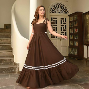 Women's Long Maxi Gown with Shoulder Ribbon Tie-Up Dress, Stylish & Trendy