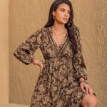 Dress for Women ||Bohemian Brown Print Casual Comfortable Women's Long Sleeve Maxi Dress