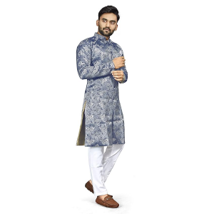 Cotton Mens Ethnic Wear Stylish Blue Kurta Pajama Long Sherwani Set