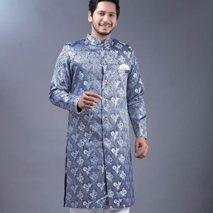Mens Ethnic Wear Red Silver Shade Kurta Pajama Sherwani Set